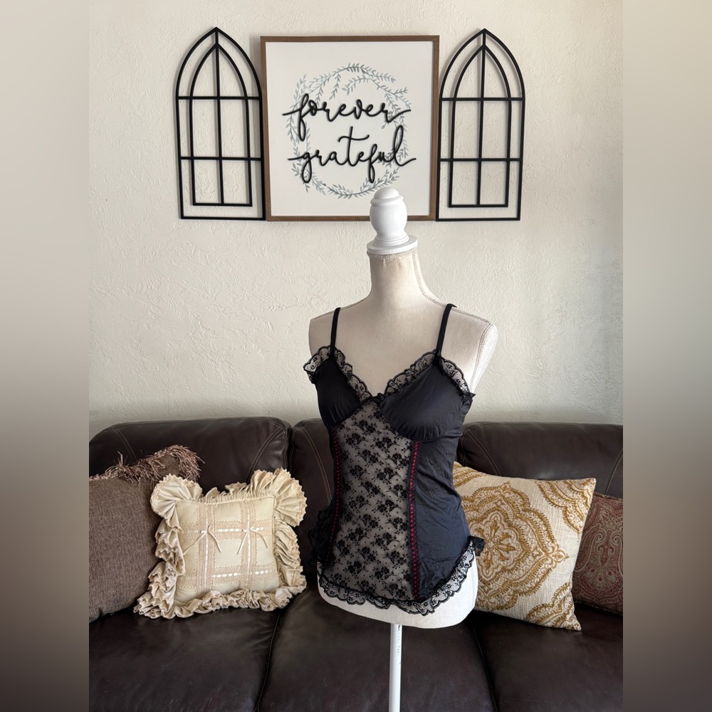 Vintage Nan Flower Floral Black Lace & Red Ribbon Camisole Top Size M - Picture 9 of 11